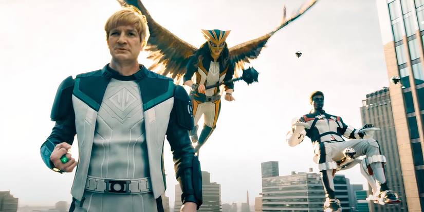 Justice Gang (Guy Gardner, Hawkgirl and Mr. Trerific) which flows into the street in 2025 Superman film