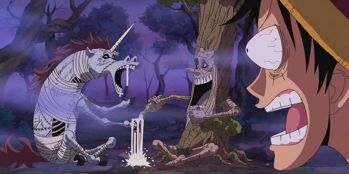 Luffy sorprendido por MocDonald y Unigaro en One Piece