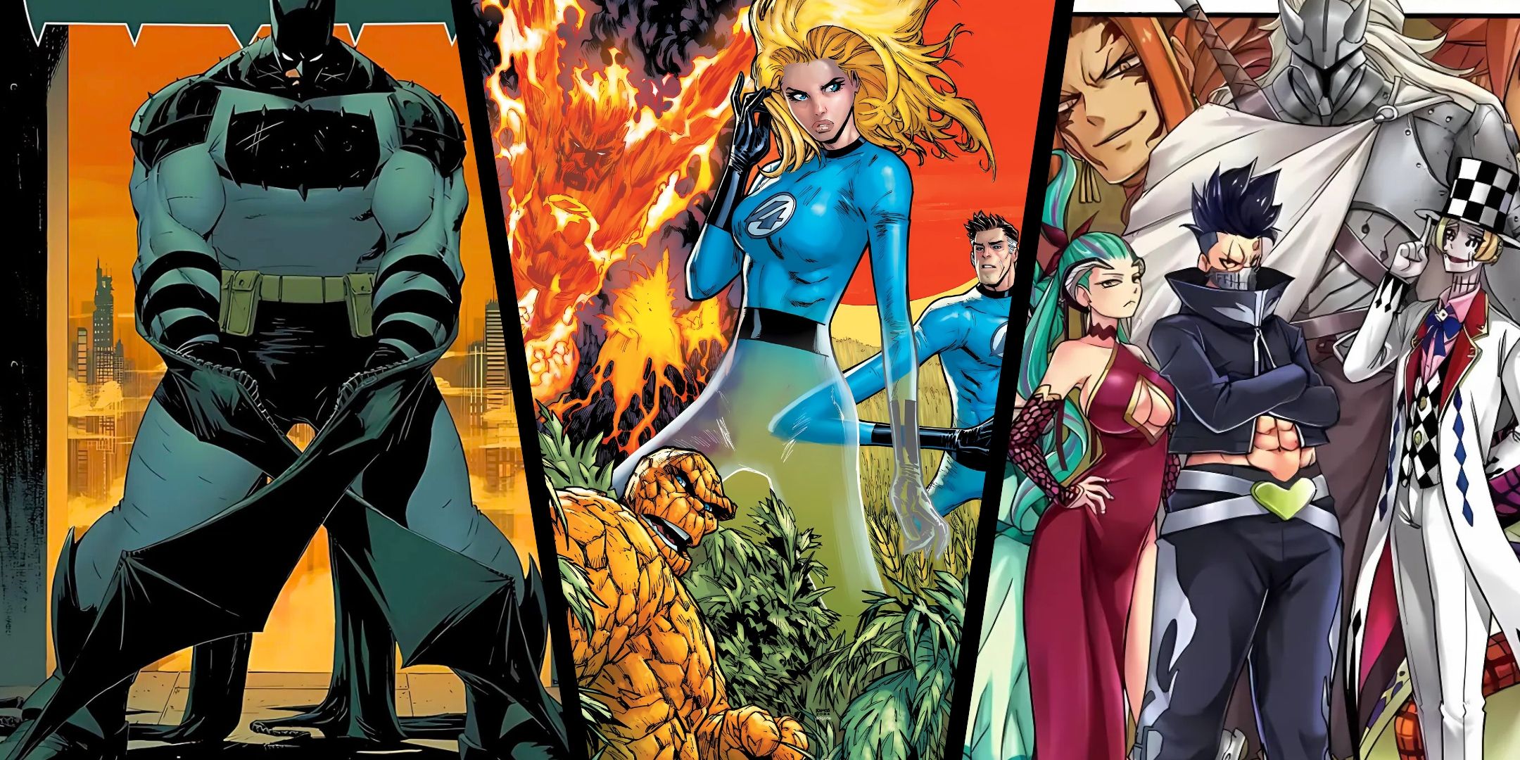 A split image with the covers to Fantastic Four #1 (2025), Absolute Batman #1 and Fairy Tale: 100 Years Quest Vol 18