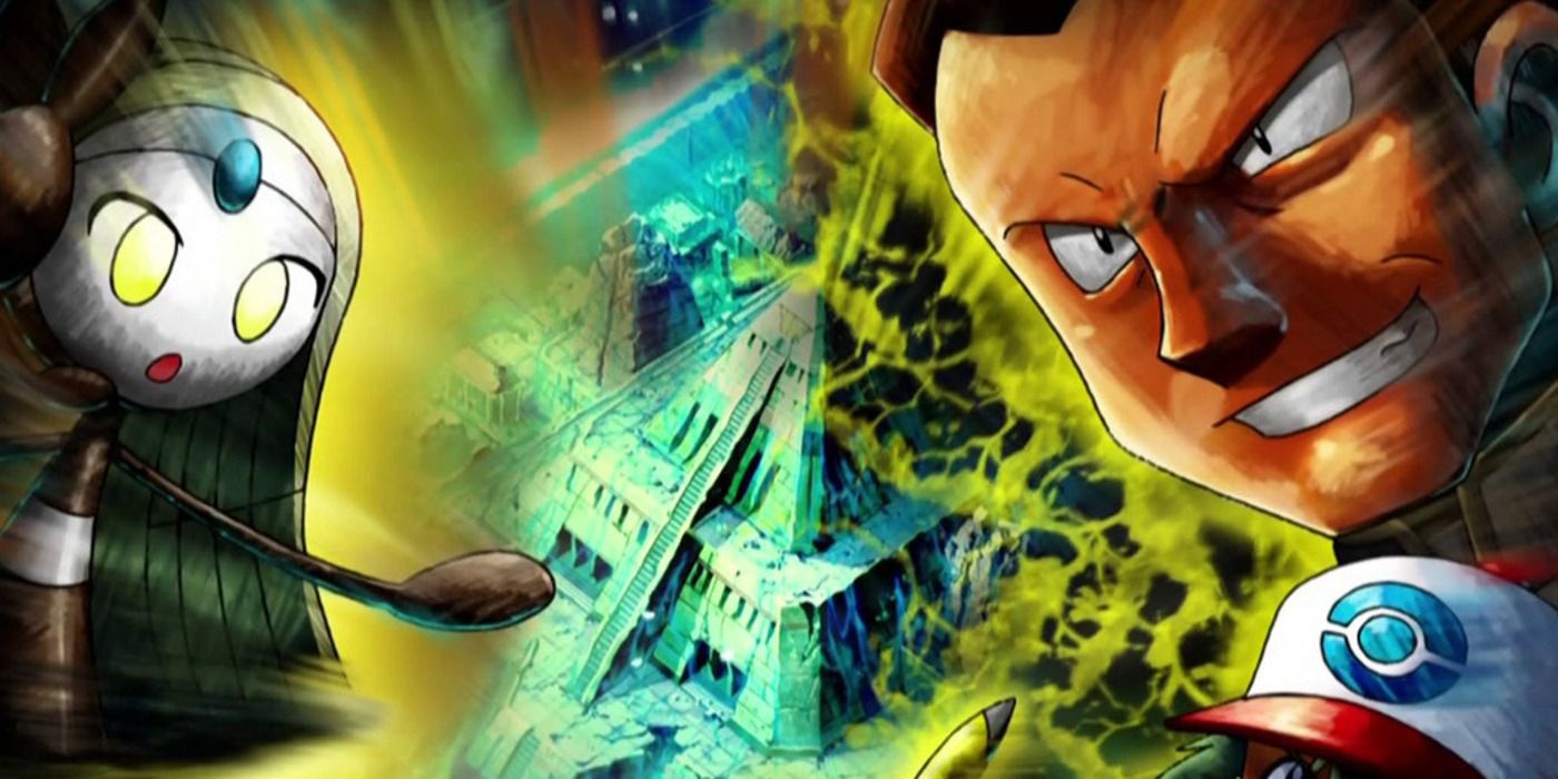 Meloetta em choque no Templo Submarino, enquanto Giovanni observa com um sorriso cruel