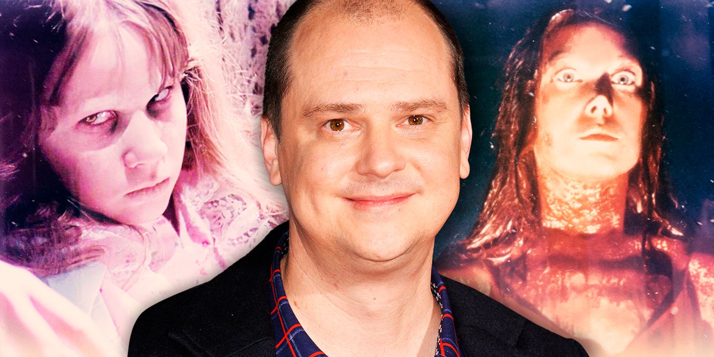 Mike Flanagan with Carrie and the exorcist in the background