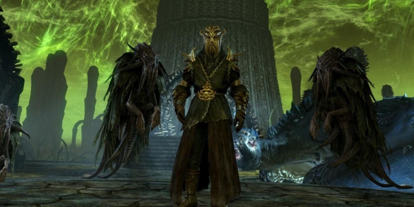 Miraak, the first Dragonborn, stands in Apocrypha, the realm of Hermaeus Mora, during the events of The Elder Scrolls V: Skyrim Dragonborn DLC.