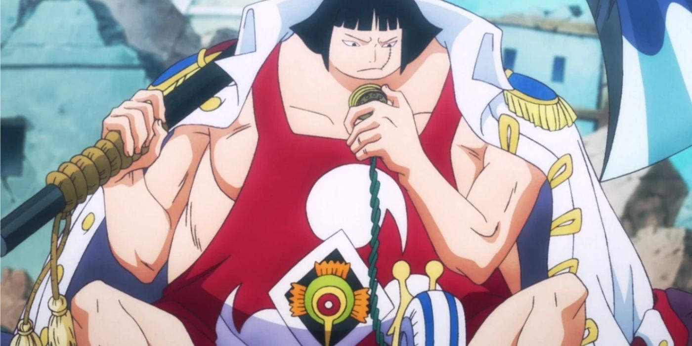 Sentomaru speaks through a Transponder Snail while holding his axe in One Piece.