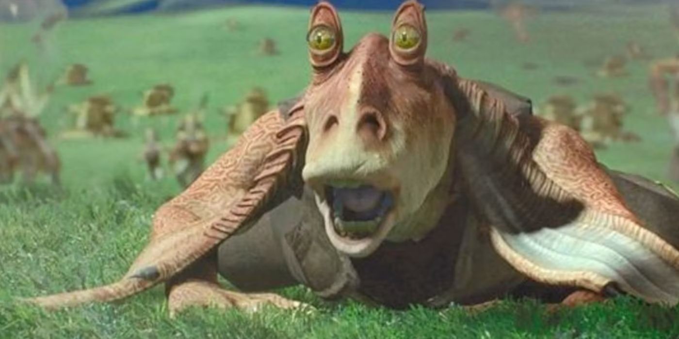 Jar Jar Binks com a boca aberta, surpreso