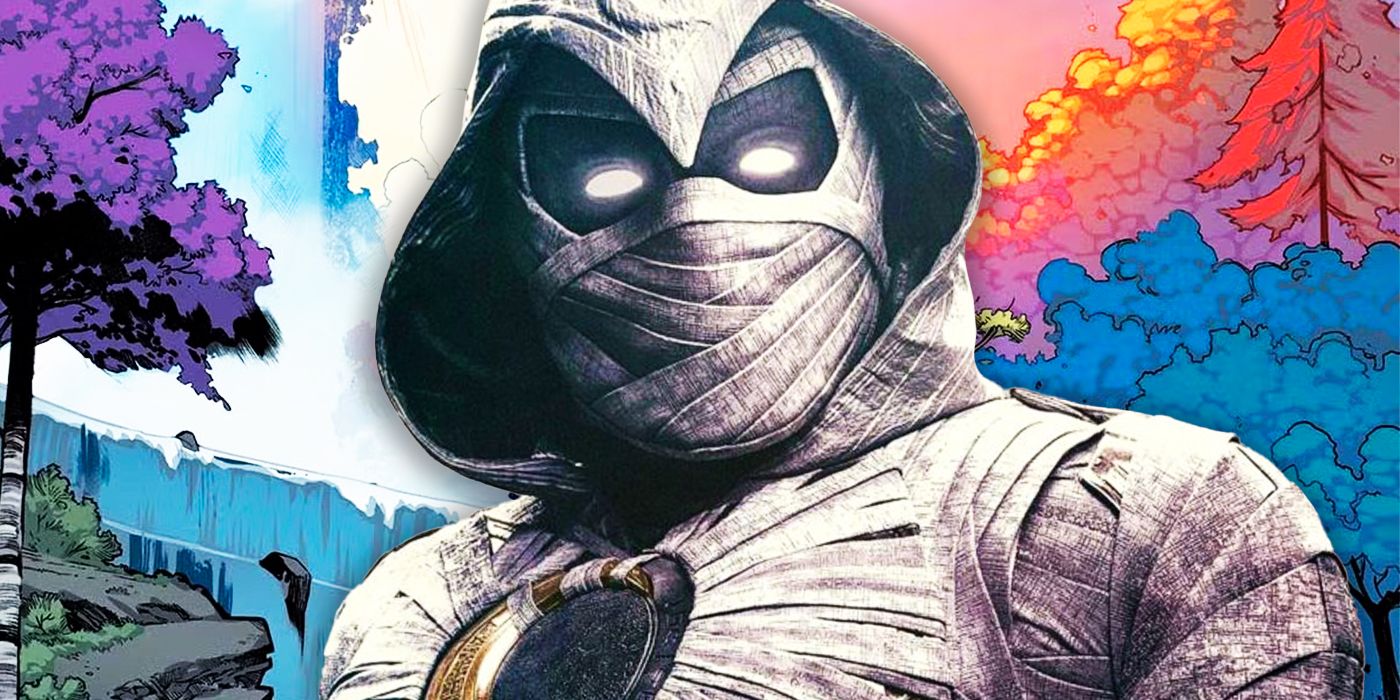 Moon Knight in the center with the X-Men's island of Krakoa in the background