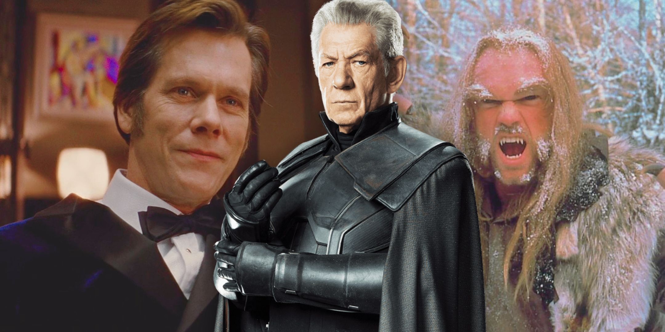 A collage featuring live-action Magneto with Sebastian Shaw and Sabretooth in the background