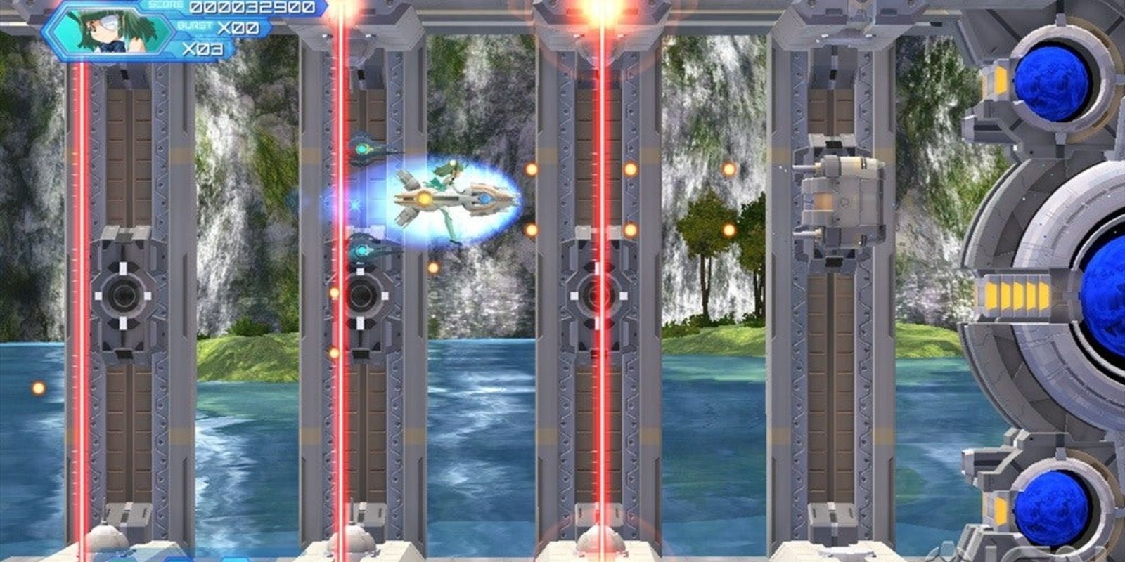 Otomedius Excellent Gameplay with the player flying between lasers