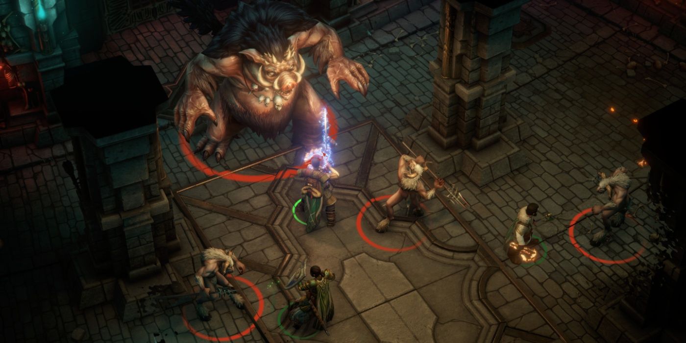 The player's party in Pathfinder: Wrath of the Righteous fights a pig-like monster and its minions.