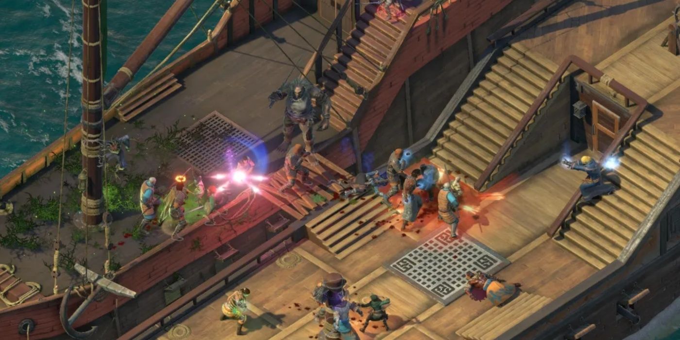 Pillars of Eternity 2: Deadfire gameplay featuring the party fighting monsters in naval combat.