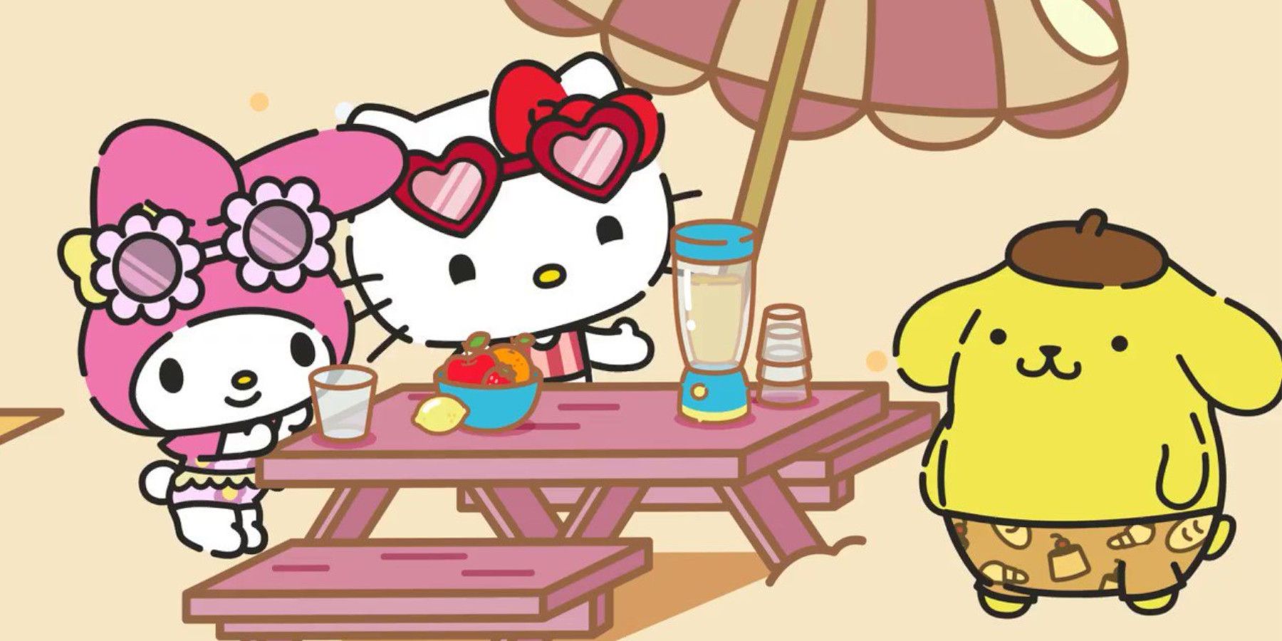 Pompompurin saliendo con Hello Kitty y mi melodía en Hello Kitty Supercute Adventures
