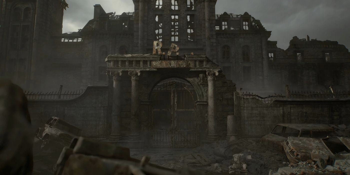 A ruined down building surrounded by similar buildings