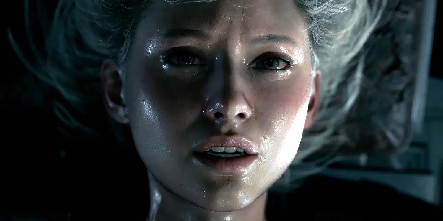 Grace Ashcroft suspended upside down, covered in sweat