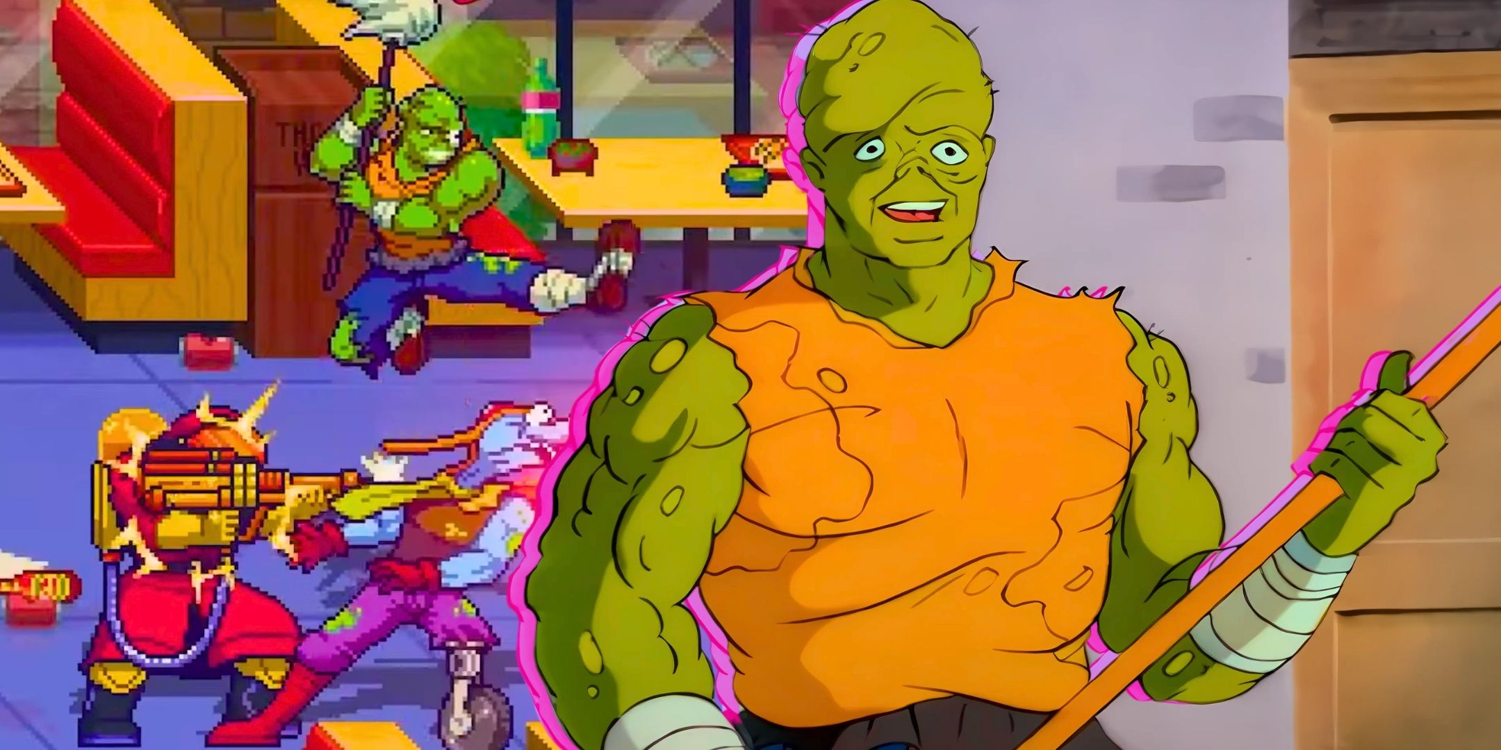 A collage of featuring gameplay from the new Toxic Crusaders trailer and the original Toxic Crusaders cartoon