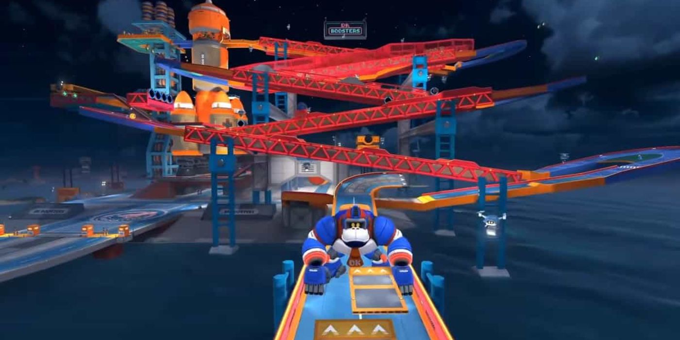 Robo DK awaits racers in DK Spaceport in Mario Kart World