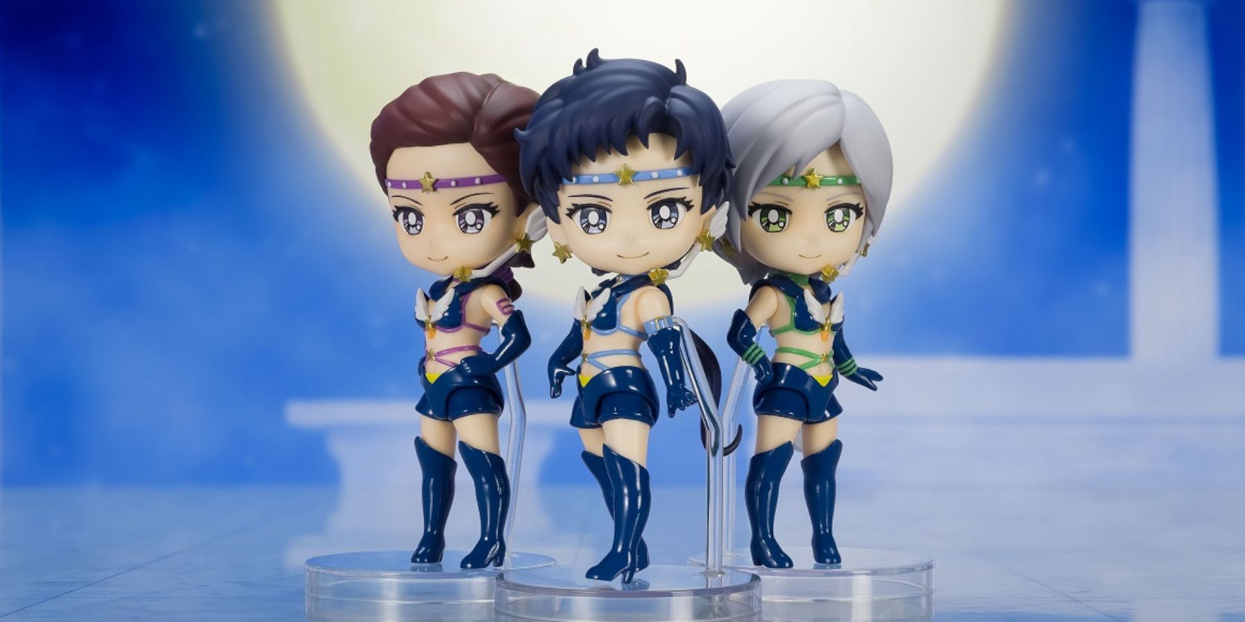 Figuras Mini Figuarts de Sailor Star Healer, Sailor Star Fighter y Sailor Star Maker.