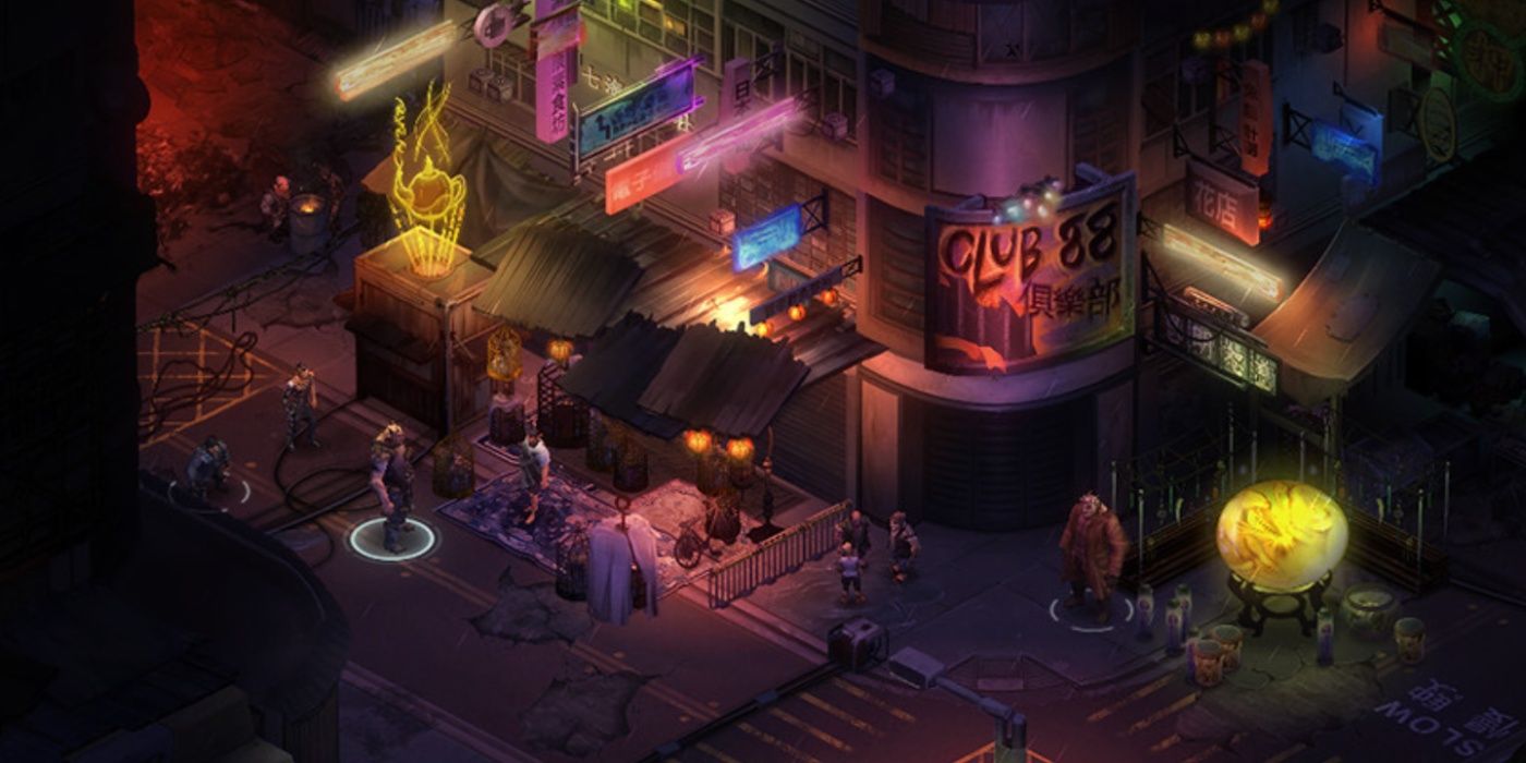 A still from Shadowrun: Hong Kong with the party on the neon-lit city streets.