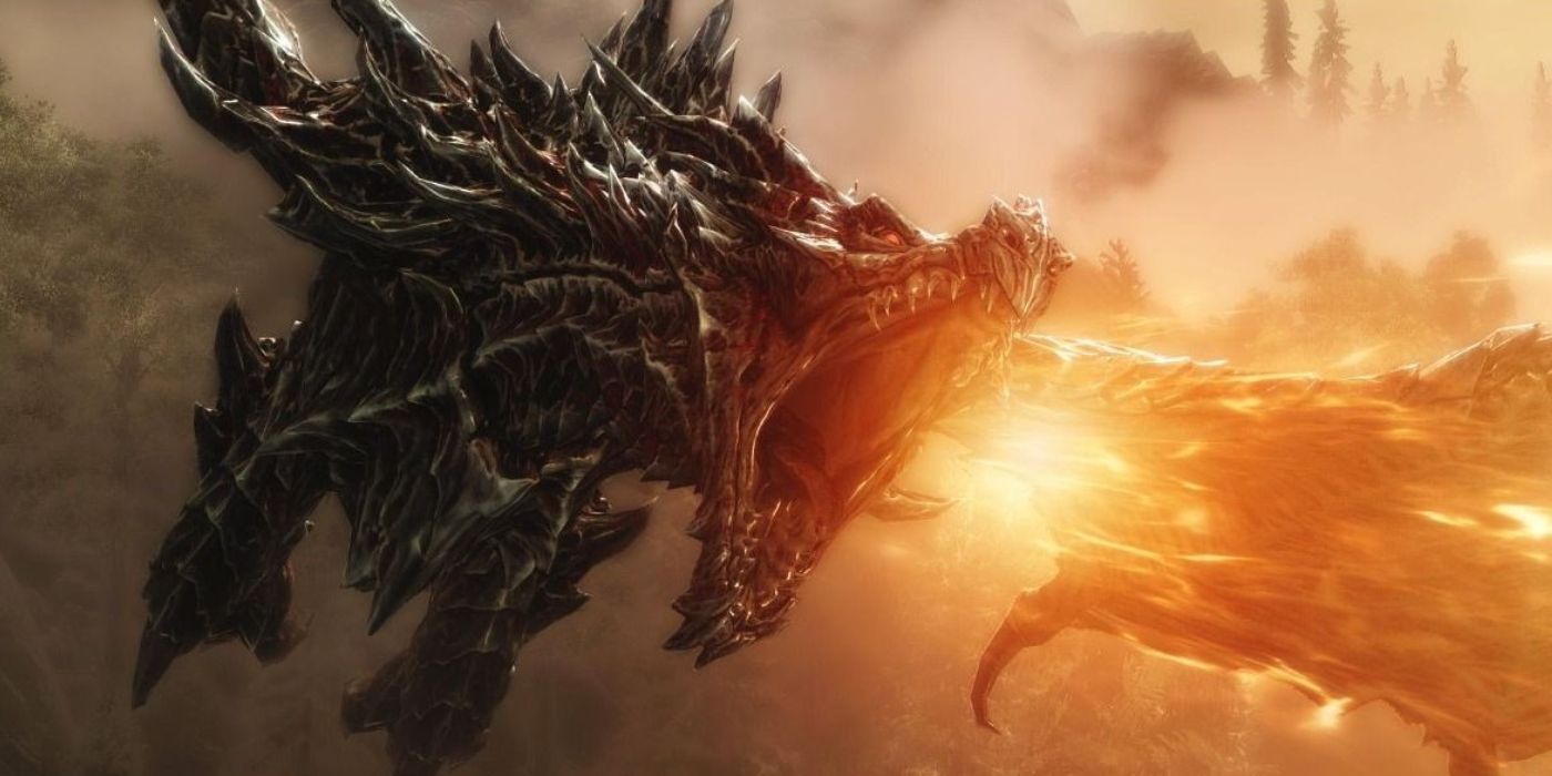 Alduin attacks in the Elder V scrolls: Skyrim.