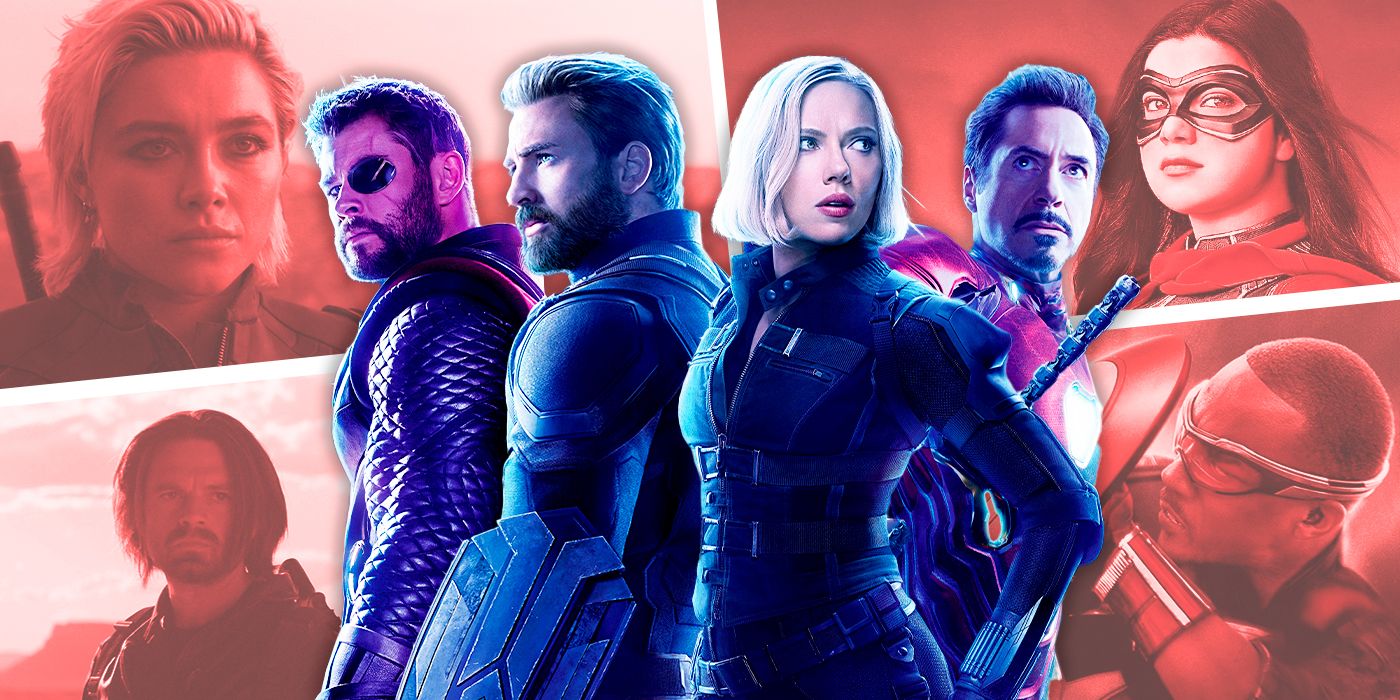 Thor, Captain America, Black Widow and Iron Man in the foreground and Mme Marvel, Belena, Bucky and Sam Wilson in the background