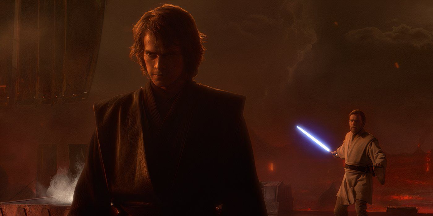 Anakin Skywalker becomes Dark Vader and fights his former Obi-Wan Master in Star Wars.