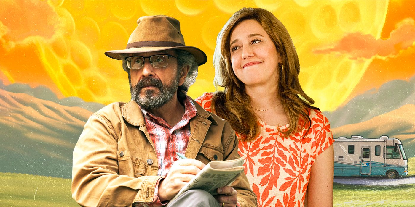 Mitts (Marc Maron) in a brown jacket next to Elena (Marina Trevino) in floral top from Stick TV show