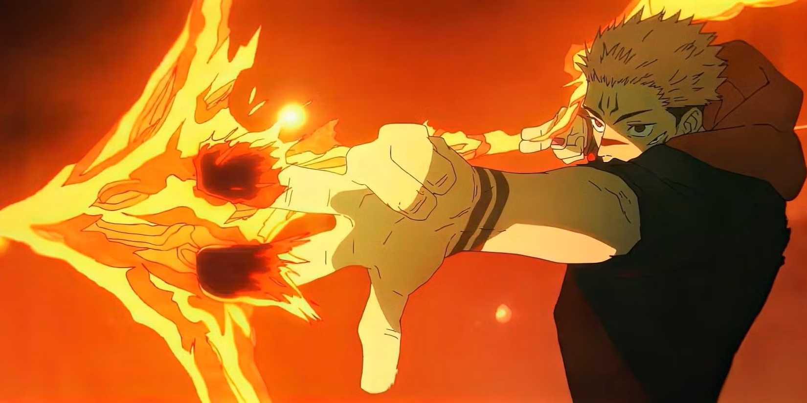 Sukuna aims a flame arrow offscreen in the Jujutsu Kaisen anime Shibuya Incident Arc