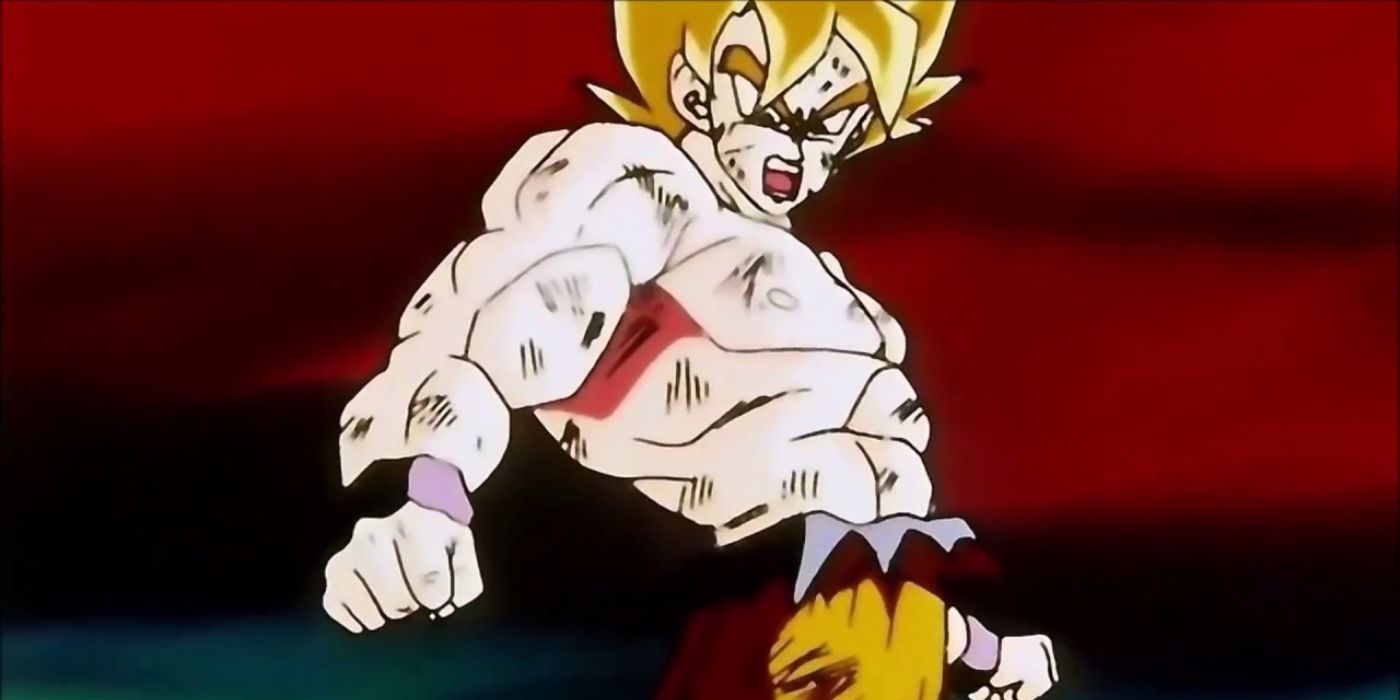 Goku Super Saiyan gritando a un Freezer derrotado en Dragon Ball Z.