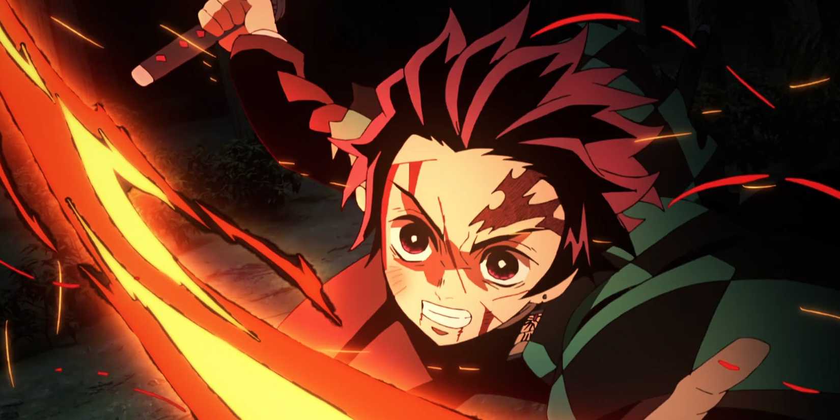 Tanjiro menyerang dengan Hinokami Kagura dalam serial anime Demon Slayer