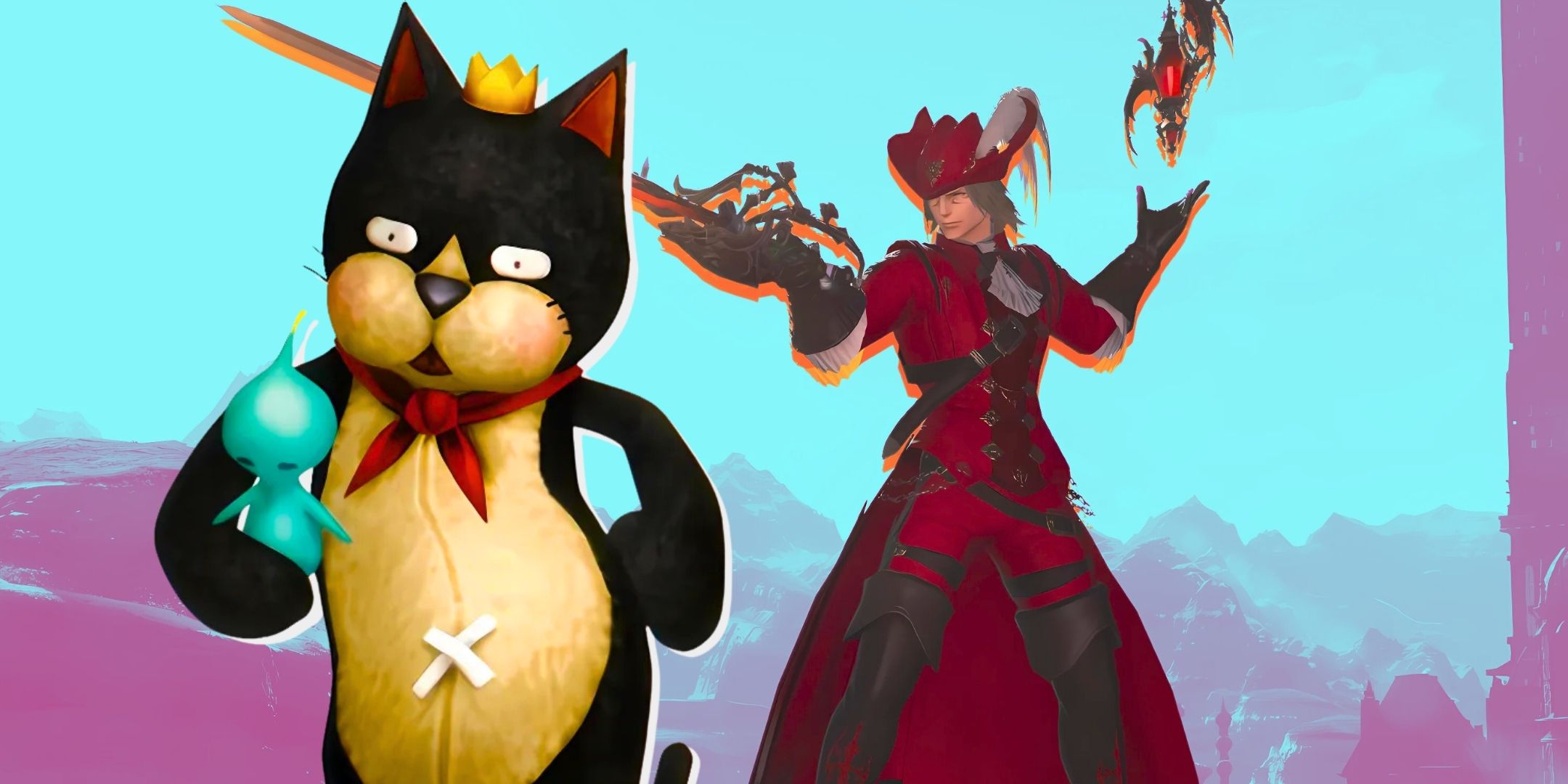Un collage con un mago rojo de FF14 y el trabajo de mascota de FFX-2