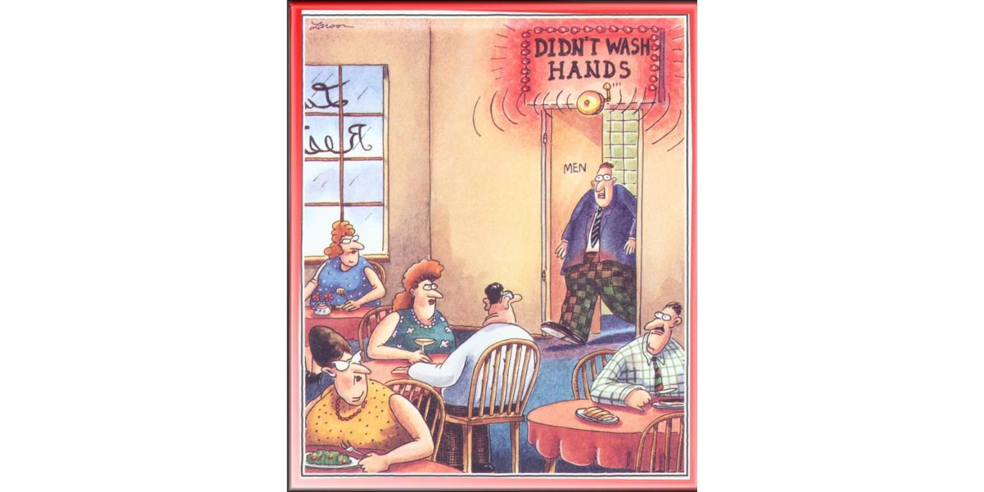 Un hombre sale del baño mientras suena una alarma - The Far Side