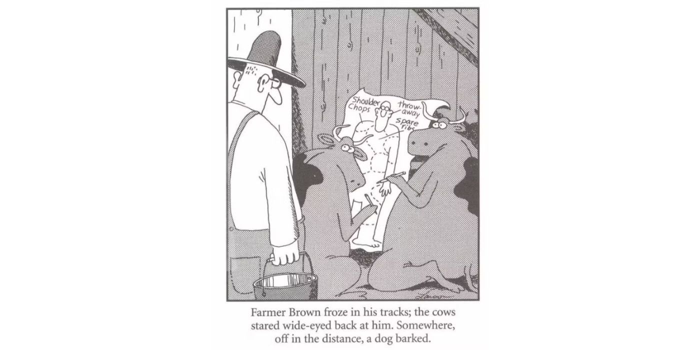 Las vacas son sorprendidas cuando el Granjero Brown las encuentra en The Far Side.