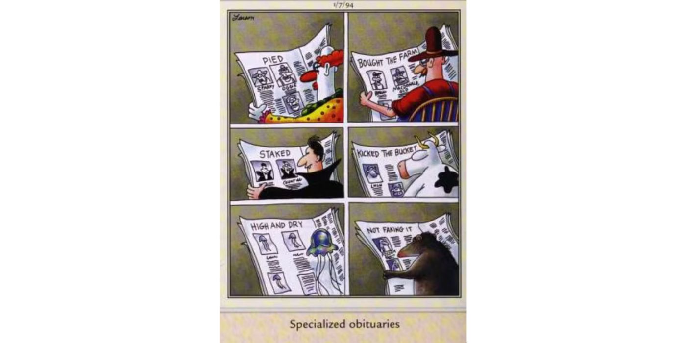 Diferentes personajes leen diferentes eufemismos para la muerte en The Far Side.