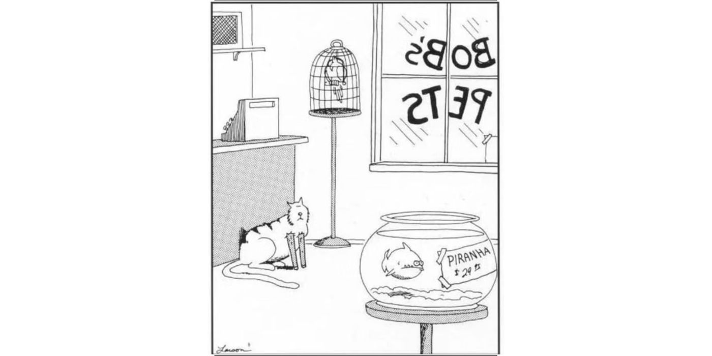 Un gato observa a un piraña - The Far Side