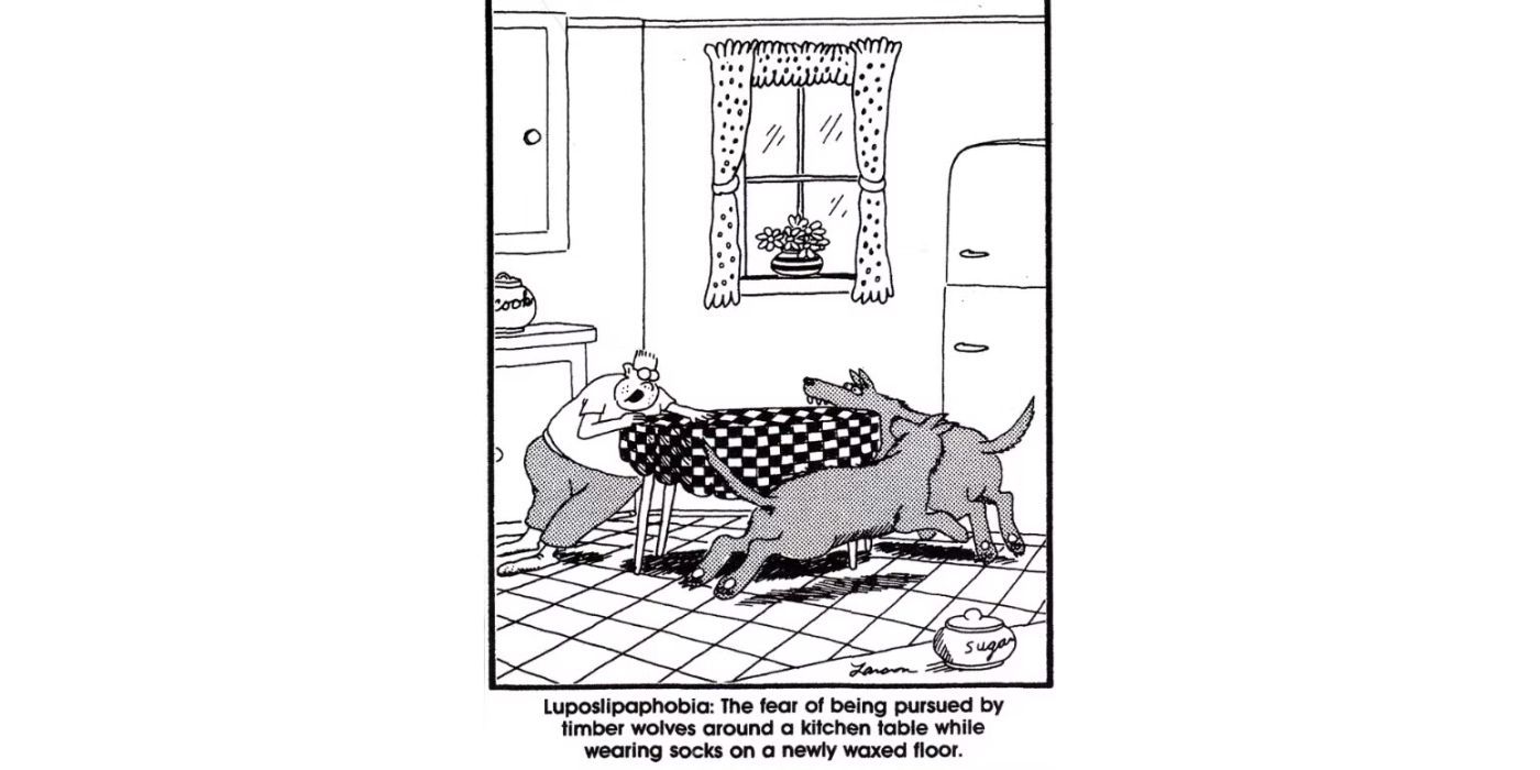 Los lobos persiguen a un niño alrededor de la mesa de la cocina en The Far Side.