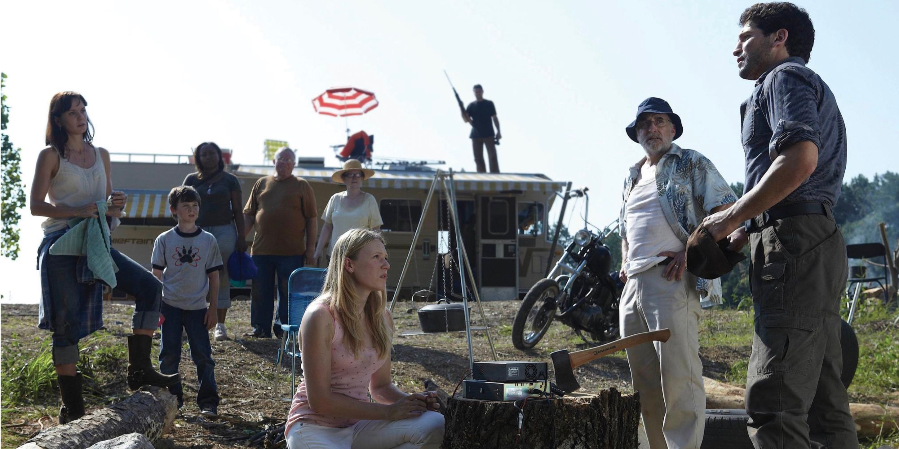 Lori and Carl Grimes, Amy, Dale and Shane Walsh at a campsite on The Walking Dead