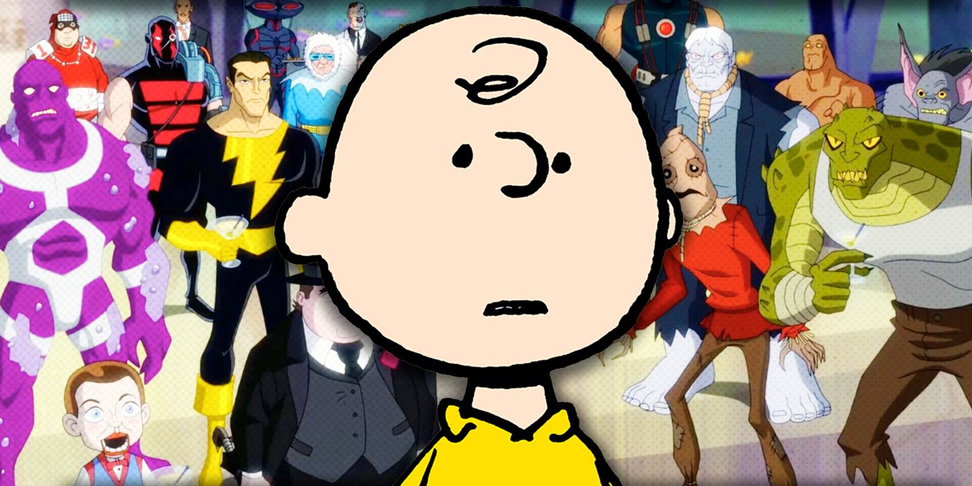 Peanuts' Charlie Brown in the center with a collection of supervillains from the Harley Quinn cartoon in the background