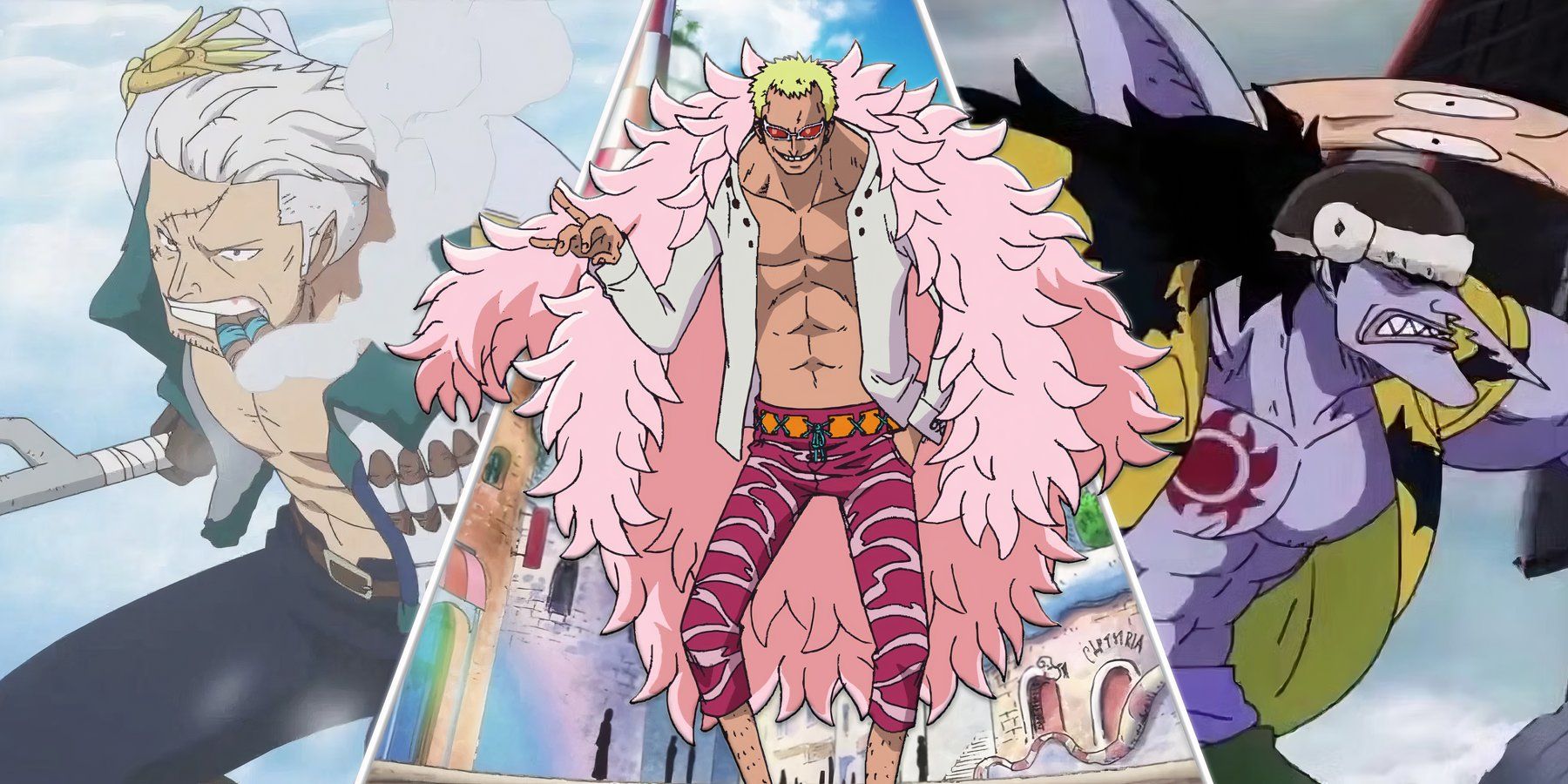 Vice Admiral Smoker, Donquixote Doflamingo, and Arlong in One Piece