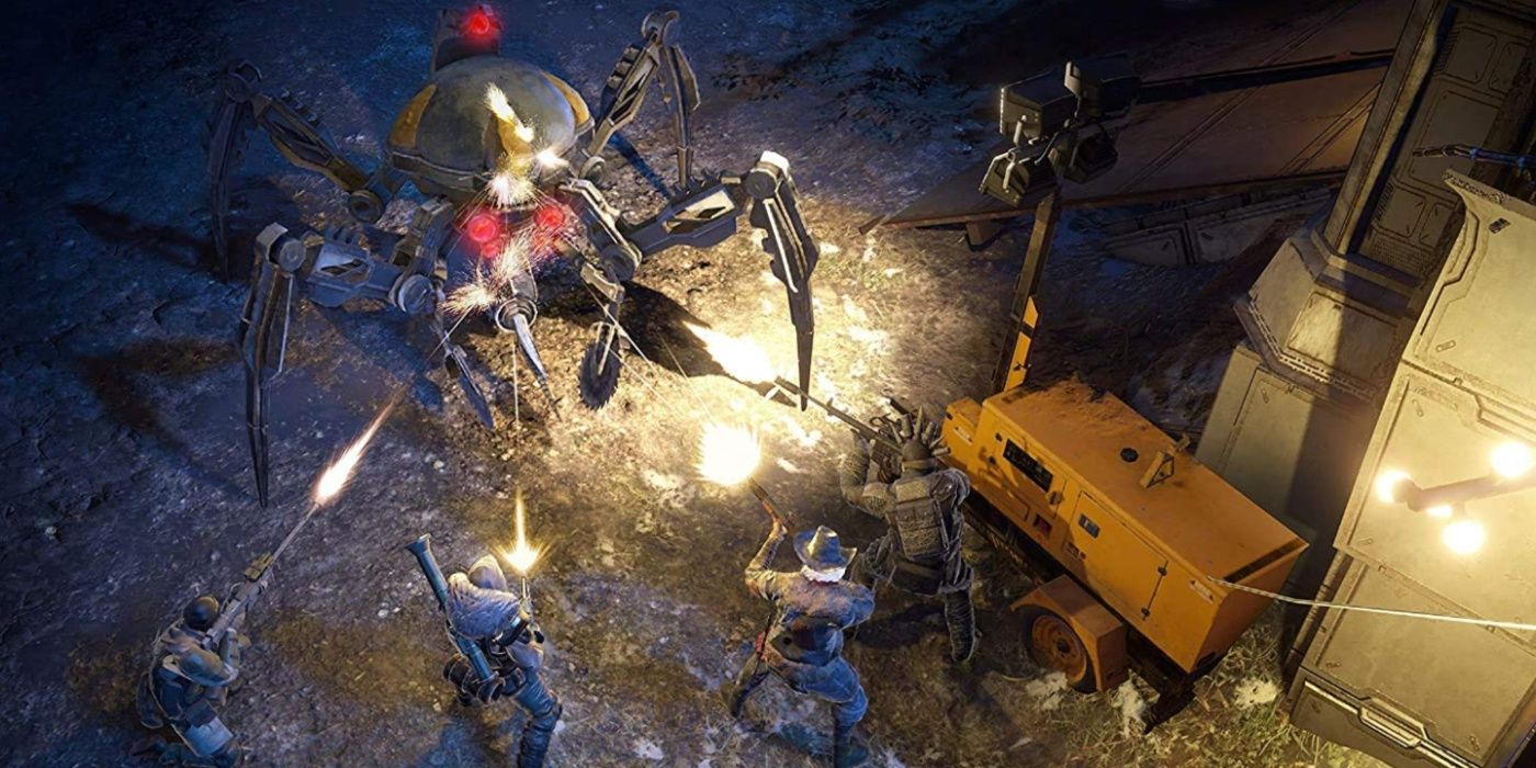 A gameplay still from Wasteland 3 depicting a squad of soldiers fighting a spider-like mech.