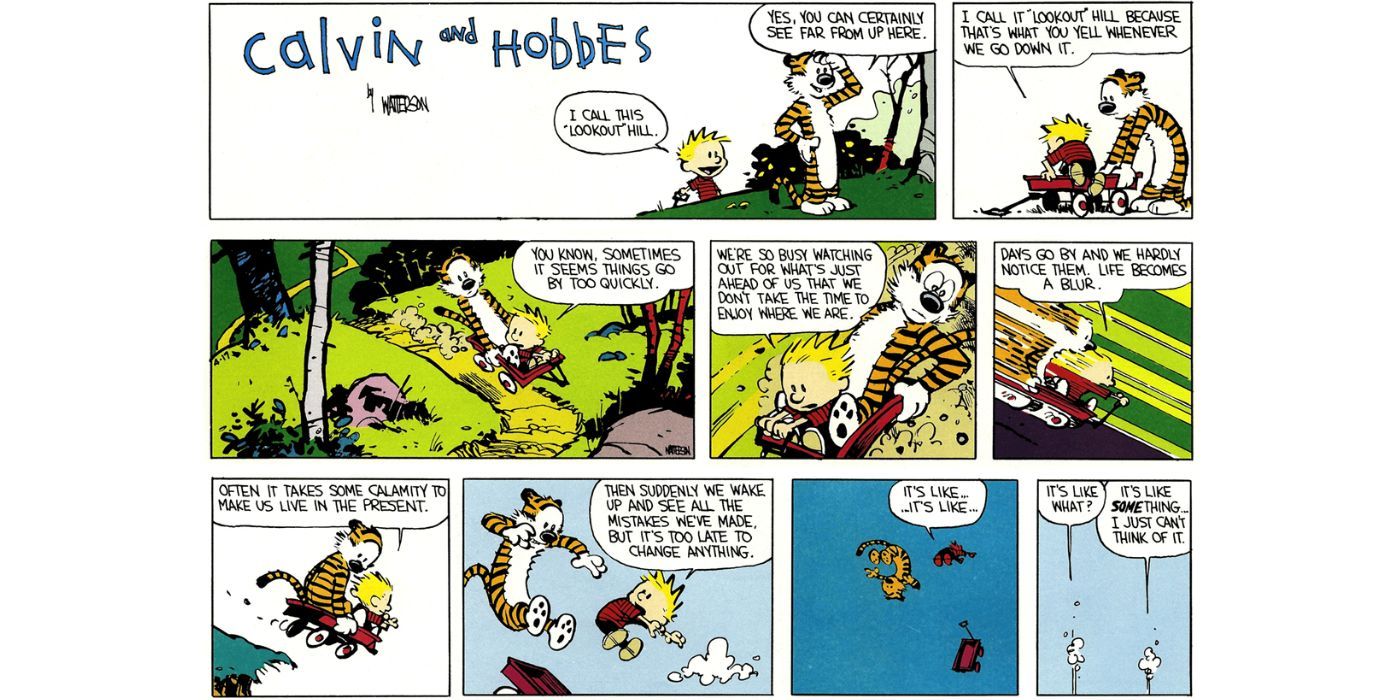 Calvin and Hobbes fly on Lookout Hill in Calvin and Hobbes