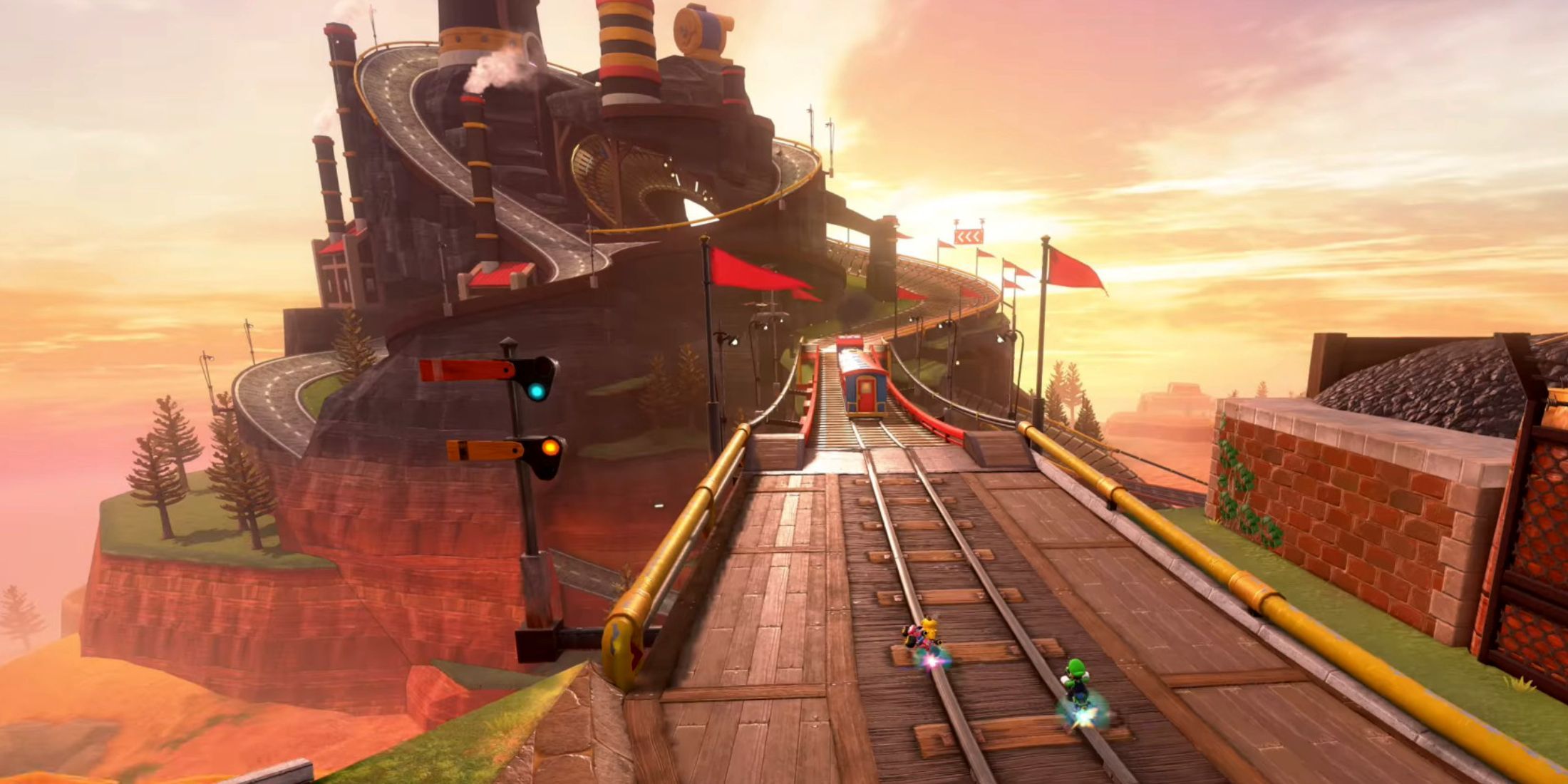 An overhead look at Whistlestop Summit in Mario Kart World