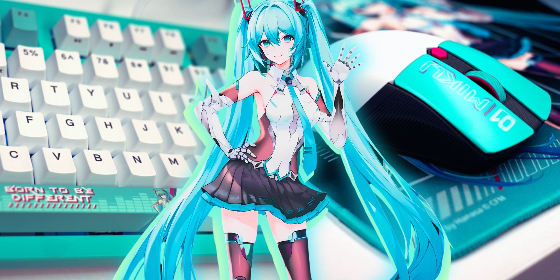 This is a featured image of anime Vocaloid singer Hatsune Miku pictured with her upcoming gaming collection by ASUS and iBUYPOWER. 