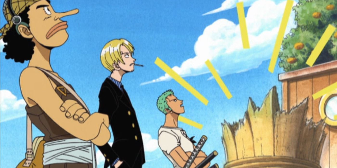 Zoro, Sanji y Usopp dándose cuenta de que Luffy arrancó el mástil de la Merry