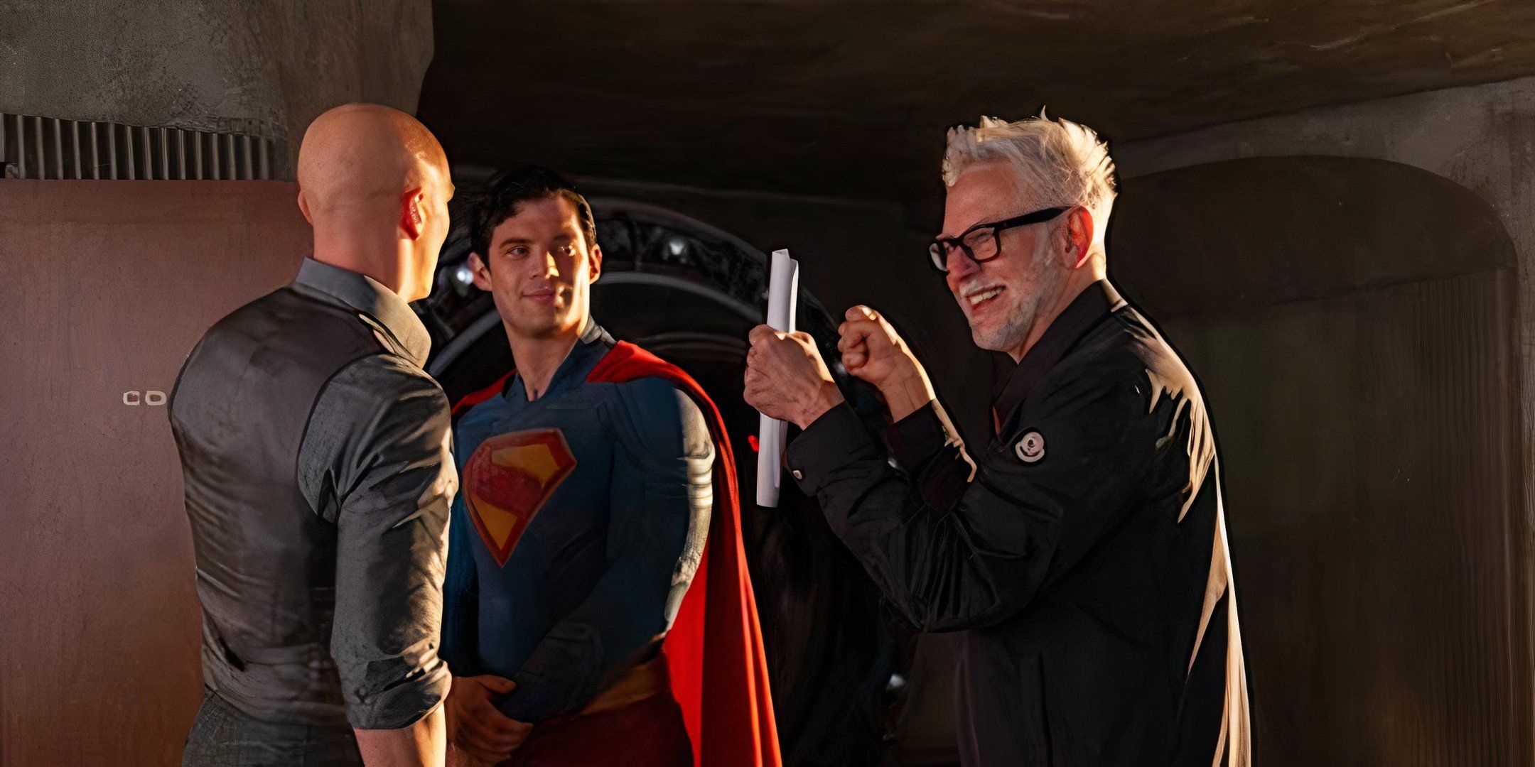 James Gunn, David Corenswet and Nicholas Hoult during production on Superman
