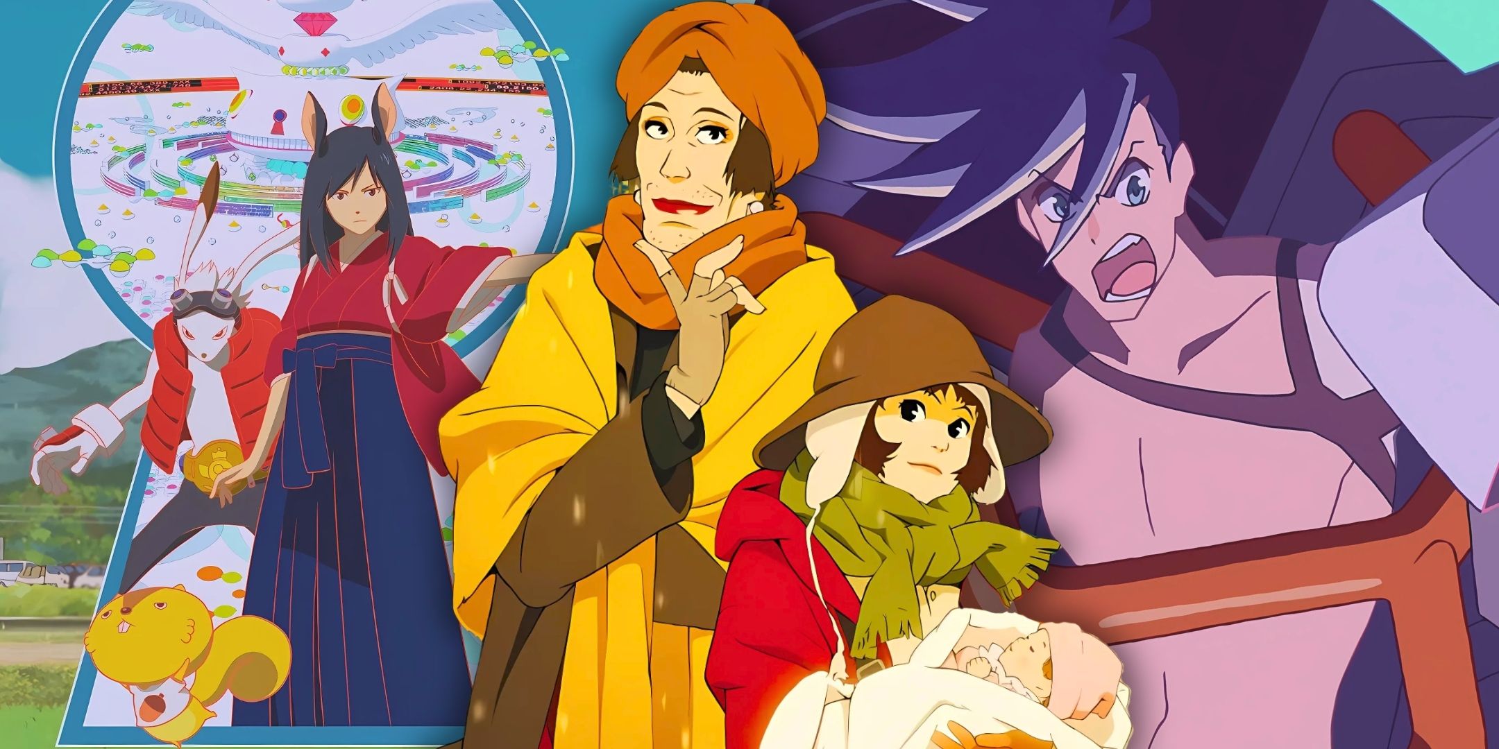 A collage featuring tokyo godfathers, promare, summer wars animes