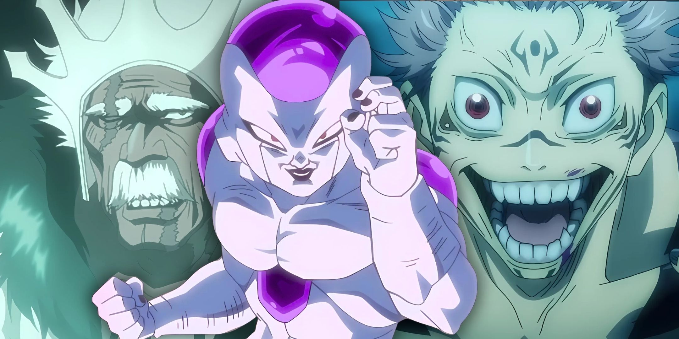 A collage featuring Frieza from Dragon Ball Super, Sukuna from Jujutsu Kaisen and Baraggan from Bleach