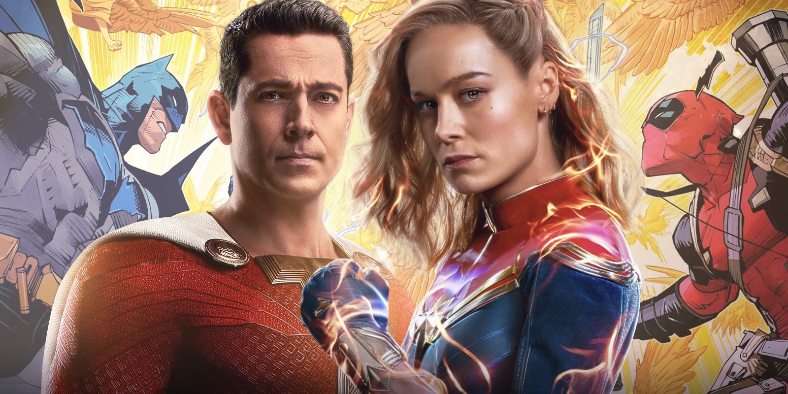 10-Team-Ups-Fans-Want-to-See-in-the-New-Marvel-DC-Crossovers featuring live-action Captain Marvel and Shazam in the center, with a cover from Deadpool/Batman in the background