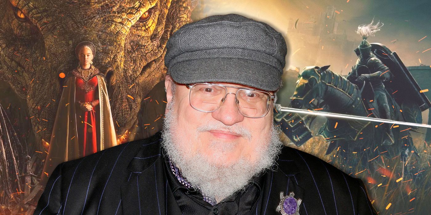 George RR Martin with House of the Dragon and Elden Ring on the background