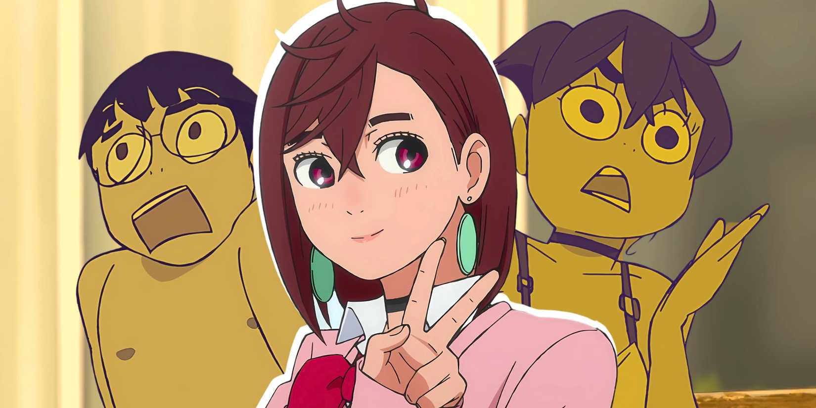 A collage of Momo Ayase looking cute in front of images of herself and Okarun looking embarrassed