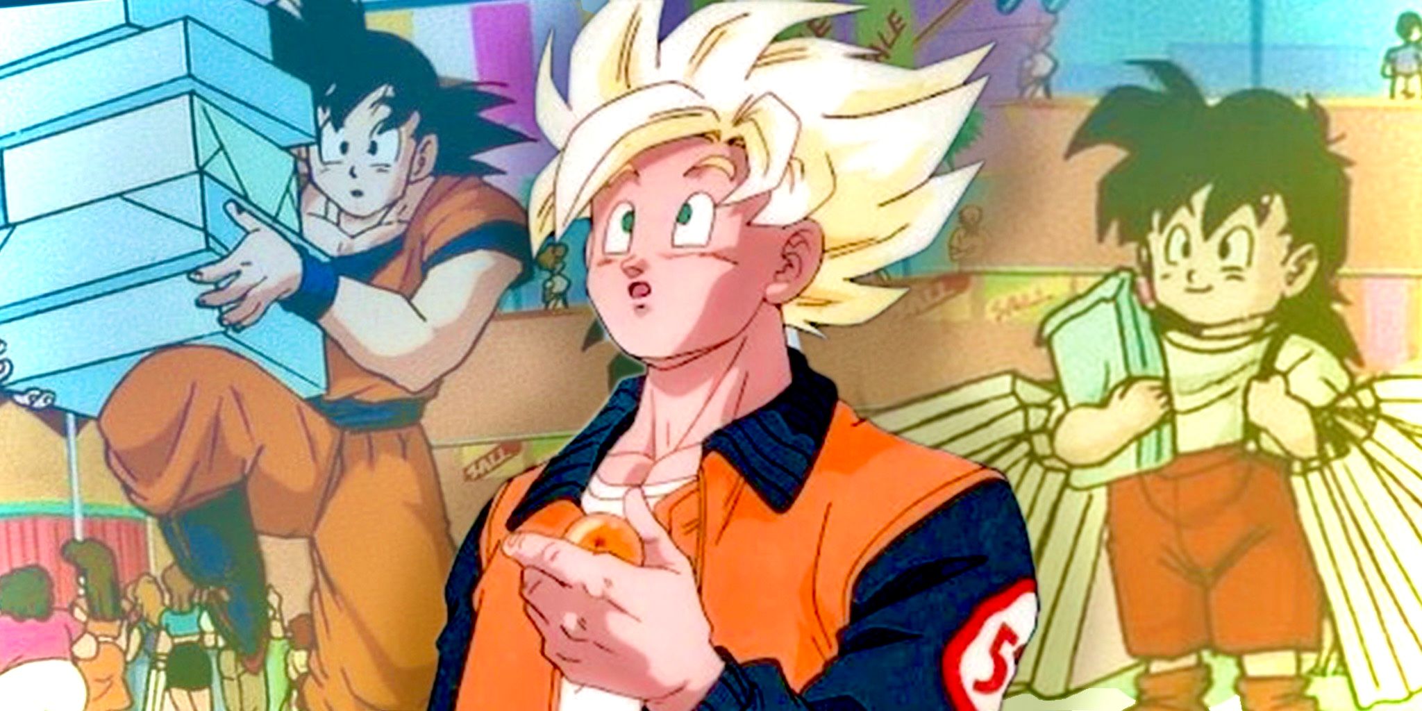 Super Saiyan Goku thinks about shopping with Gohan at the Dragon Ball Store