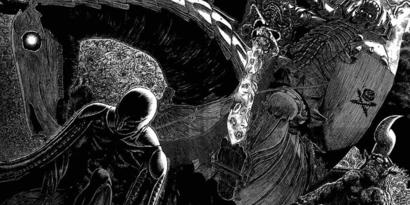 Griffith like Femto in Berserk on his knees while the Skull Knight rides his horse and pulls his sword.