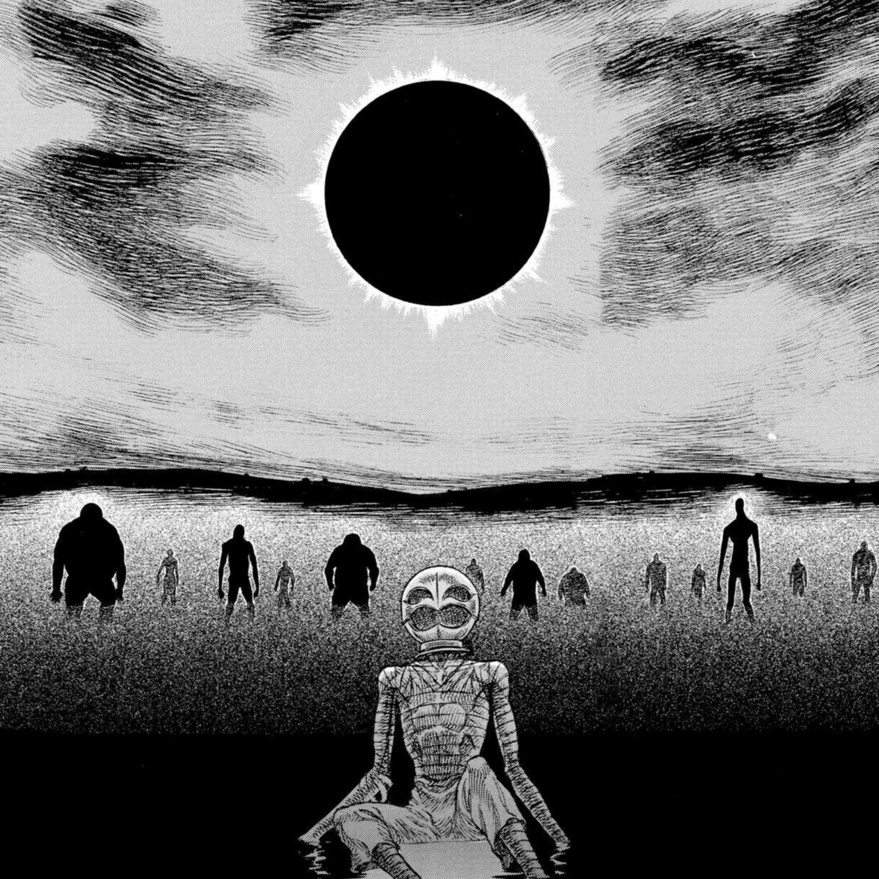 A frail griffith kneels while the eclipse is looming above the head and the silhouettes of the demons approach.